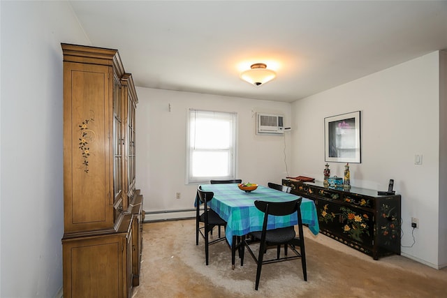 carpeted dining space with a wall mounted air conditioner and a baseboard heating unit