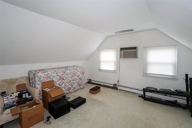 additional living space featuring a wall mounted AC, carpet floors, and lofted ceiling