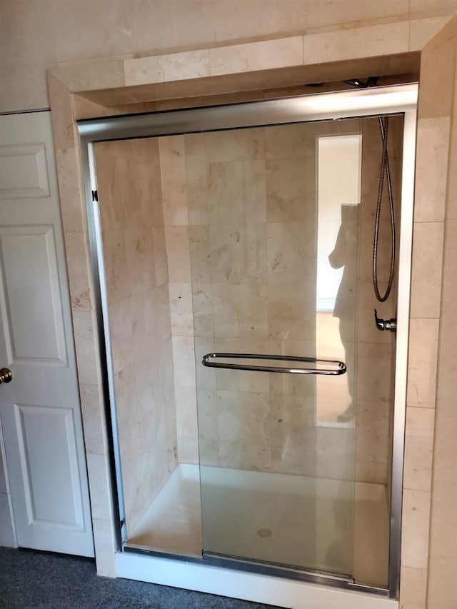 bathroom featuring a shower with shower door