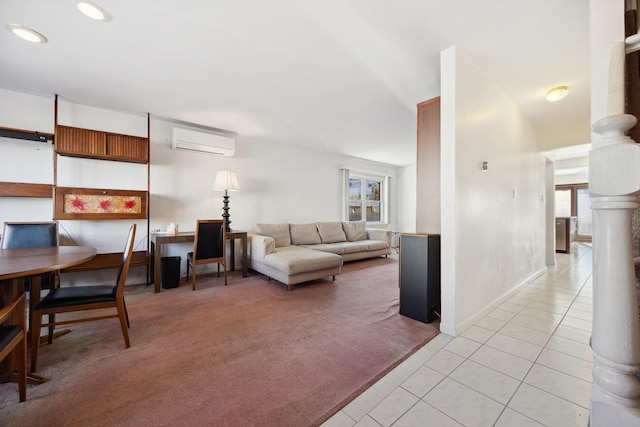 living room with light carpet and an AC wall unit