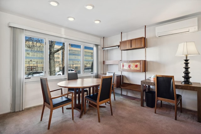 carpeted dining area with a wall mounted air conditioner and a healthy amount of sunlight