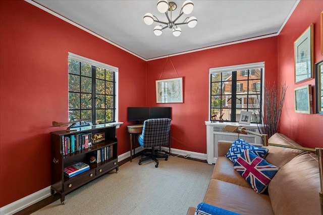 home office featuring a notable chandelier, crown molding, and carpet flooring