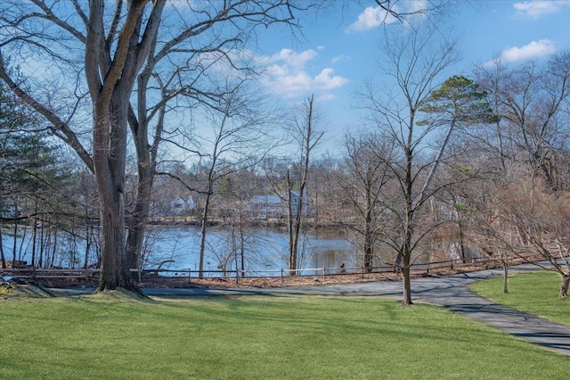 view of home's community featuring a lawn and a water view