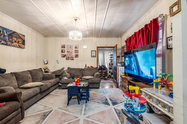 living room featuring an inviting chandelier