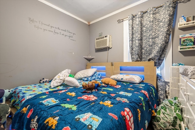 bedroom with ornamental molding and a wall mounted AC