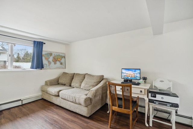 living room featuring dark hardwood / wood-style flooring and a baseboard heating unit