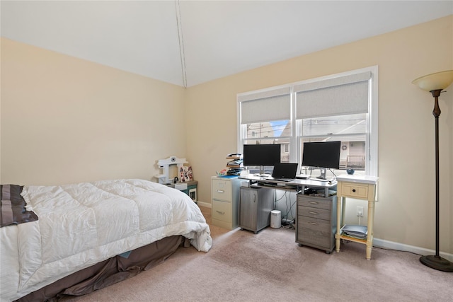 bedroom with light colored carpet