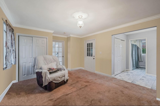 living area featuring baseboard heating, light carpet, and ornamental molding