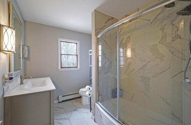 full bathroom featuring toilet, vanity, enclosed tub / shower combo, and a baseboard heating unit