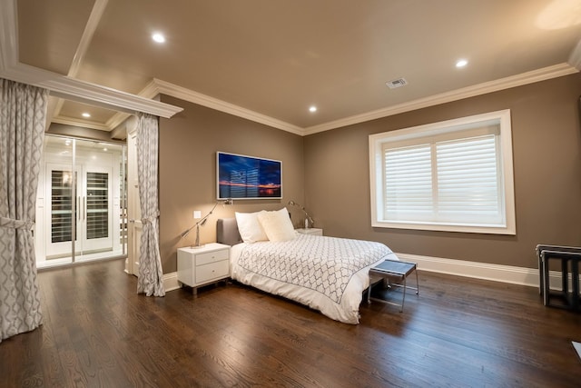 bedroom featuring access to exterior, dark hardwood / wood-style floors, and ornamental molding