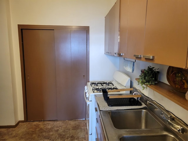 kitchen with carpet flooring, sink, and gas range gas stove