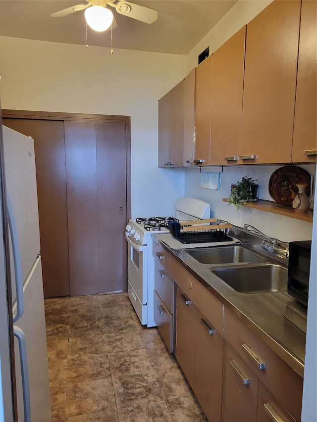 kitchen featuring ceiling fan, sink, and white appliances