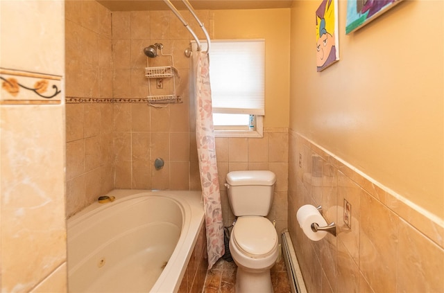 bathroom with toilet, a baseboard heating unit, and shower / bath combo