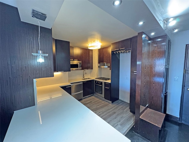 kitchen featuring dark brown cabinetry, stainless steel appliances, sink, dark hardwood / wood-style floors, and hanging light fixtures