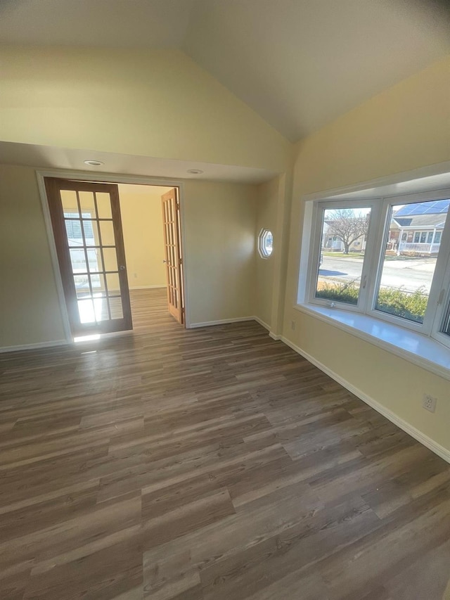 unfurnished room featuring a wealth of natural light, dark wood-type flooring, and lofted ceiling