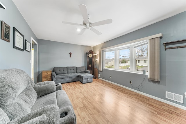 living room with ceiling fan and wood-type flooring