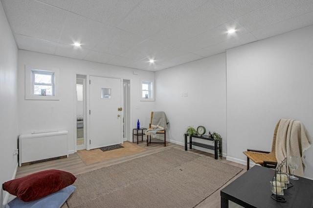 foyer entrance with a drop ceiling, wood-type flooring, and a healthy amount of sunlight