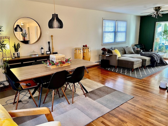 dining space with ceiling fan, light wood-type flooring, and plenty of natural light