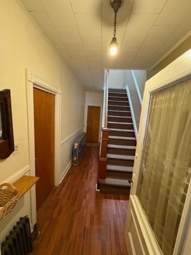 staircase featuring radiator, crown molding, heating unit, and hardwood / wood-style flooring