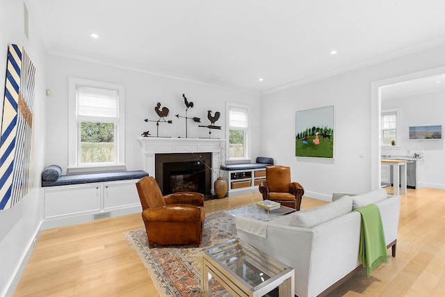 living room with crown molding, plenty of natural light, and light hardwood / wood-style floors