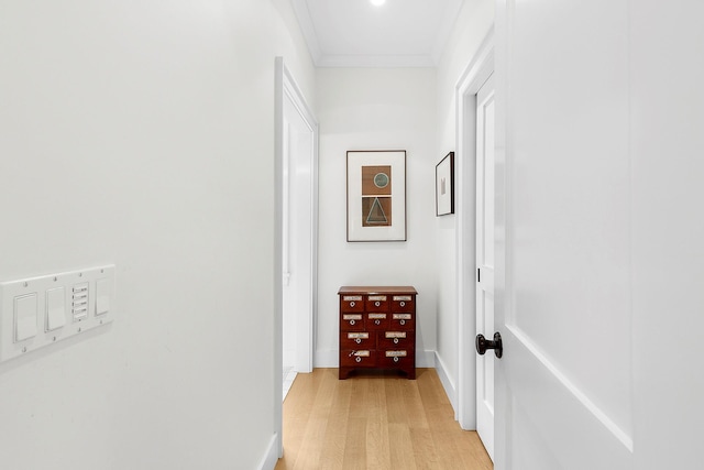 corridor featuring light wood-type flooring and crown molding