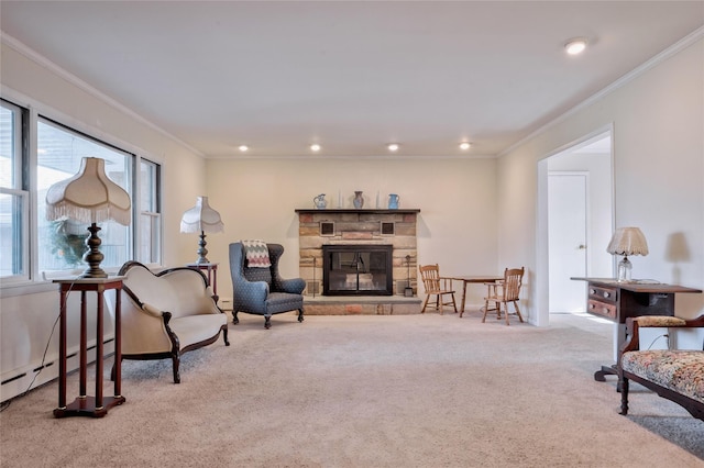 living area with light carpet, ornamental molding, and a fireplace