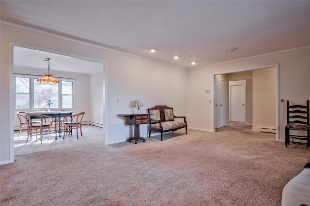 sitting room featuring ornamental molding, light colored carpet, and a baseboard radiator