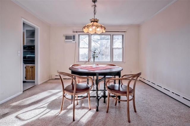 carpeted dining area with baseboard heating, crown molding, and a wall unit AC