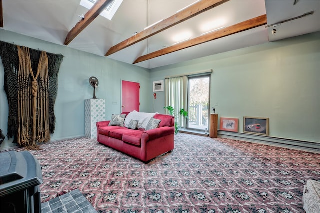 living room with a skylight, rail lighting, high vaulted ceiling, and beamed ceiling