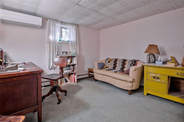 living area with carpet floors, baseboard heating, and a wall mounted air conditioner