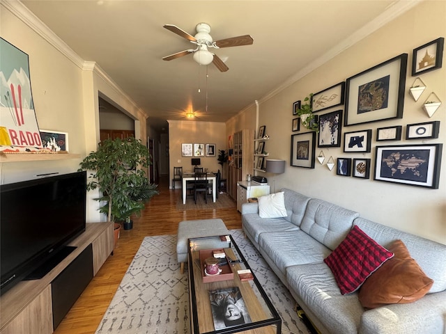 living room featuring ceiling fan, ornamental molding, and hardwood / wood-style flooring