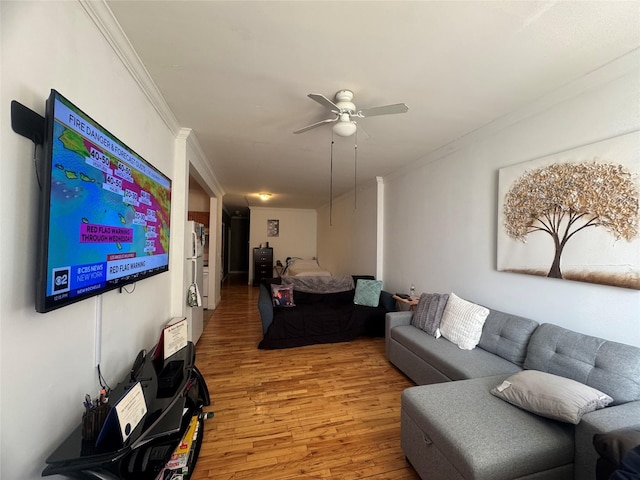 living room with ceiling fan, hardwood / wood-style floors, and crown molding