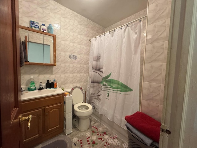 full bathroom featuring toilet, shower / tub combo, vanity, and tile walls