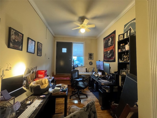 home office featuring ceiling fan, hardwood / wood-style flooring, and crown molding