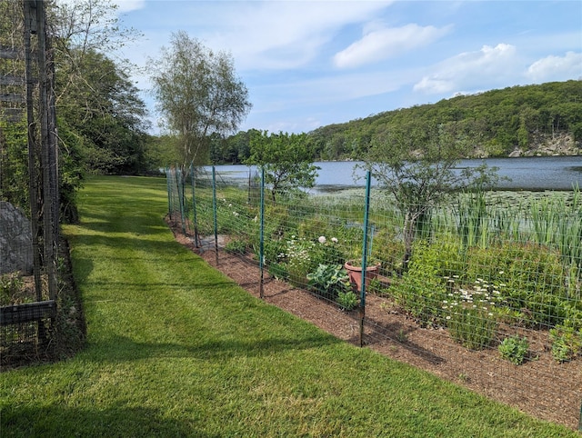 view of yard with a water view