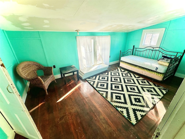 living area featuring lofted ceiling and dark wood-type flooring