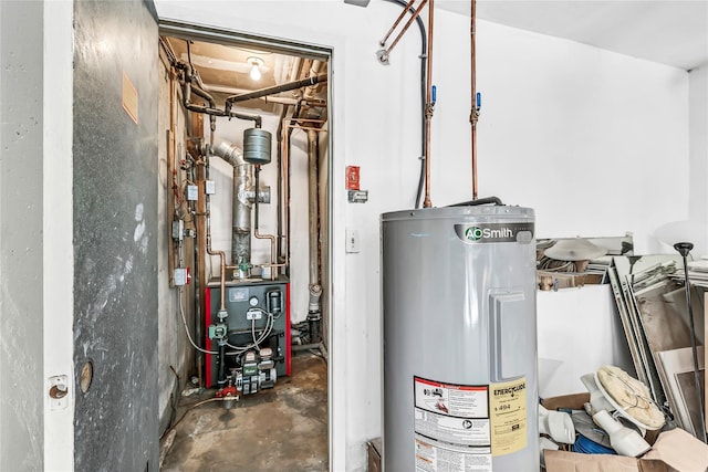 utility room with water heater and a heating unit