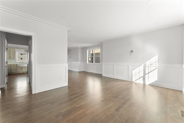 unfurnished room with dark hardwood / wood-style floors and sink