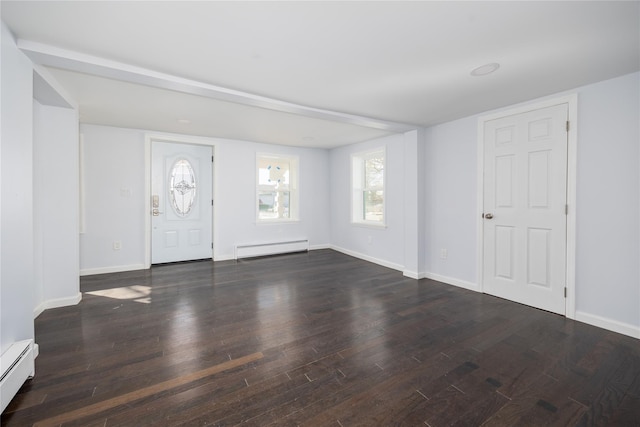 entryway with a baseboard heating unit and dark wood-type flooring