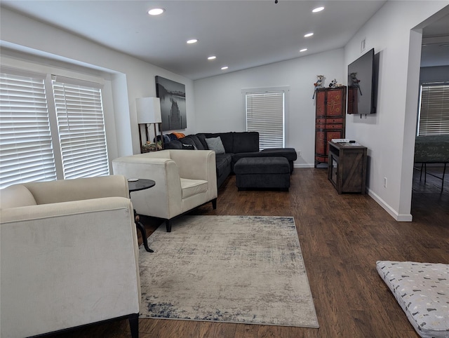 living room featuring vaulted ceiling and dark hardwood / wood-style floors