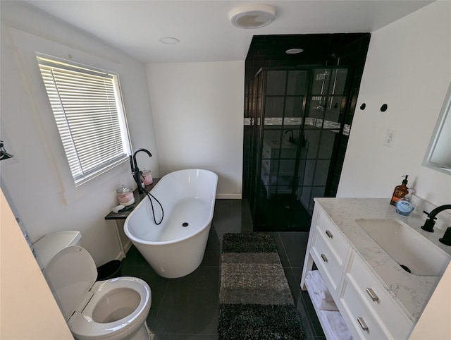 full bathroom with tile patterned flooring, shower with separate bathtub, vanity, and toilet