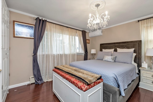 bedroom with dark hardwood / wood-style flooring, a baseboard heating unit, a notable chandelier, a wall mounted AC, and crown molding