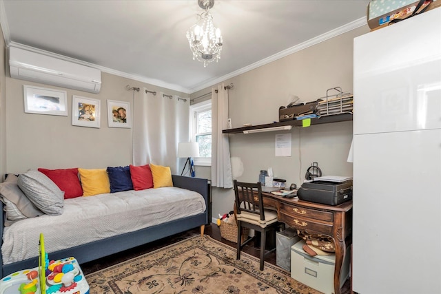 bedroom featuring a wall mounted AC, ornamental molding, and a notable chandelier