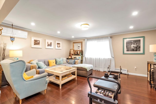 living room featuring a wall mounted air conditioner, baseboard heating, crown molding, and dark wood-type flooring