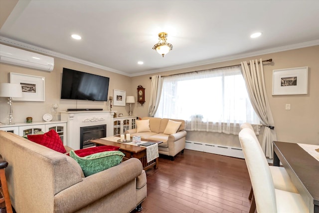 living room with a wall mounted air conditioner, dark hardwood / wood-style floors, crown molding, and a baseboard heating unit