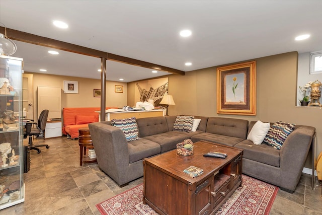 living room featuring beam ceiling