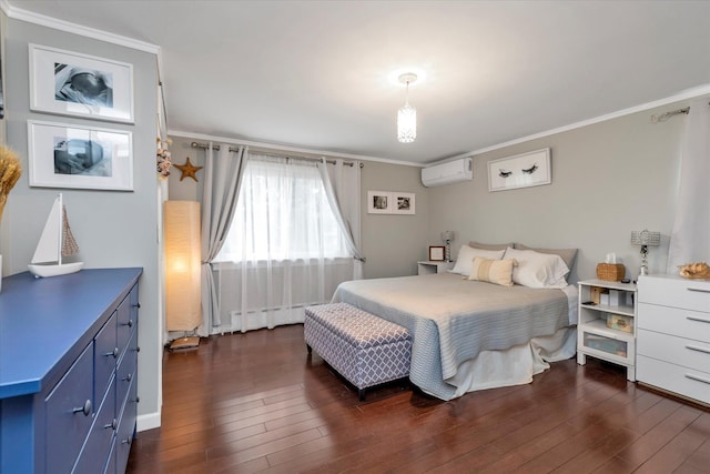 bedroom featuring ornamental molding, dark wood-type flooring, and a wall unit AC