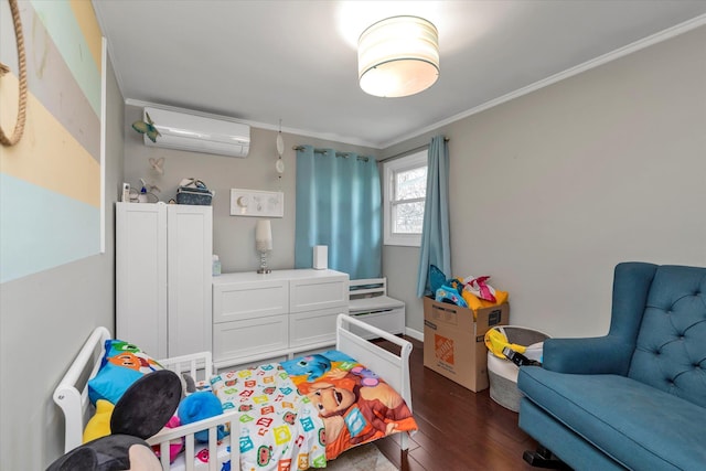 bedroom featuring a wall mounted AC, crown molding, and dark hardwood / wood-style flooring