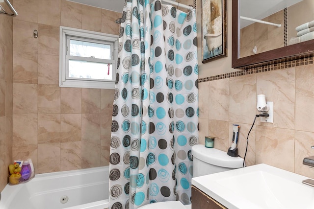 full bathroom featuring decorative backsplash, shower / tub combo, toilet, and tile walls