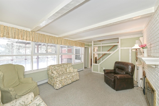 living area featuring a baseboard radiator, light colored carpet, beamed ceiling, and a fireplace